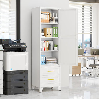Tall Metal Narrow Storage Cabinet 67" H with 2 Drawer, White Pantry Cabinets with 2 Adjustable Shelves and Door,Tall Bathroom Cabinet for Kitchen, Home Office, Living Room, Dining Room