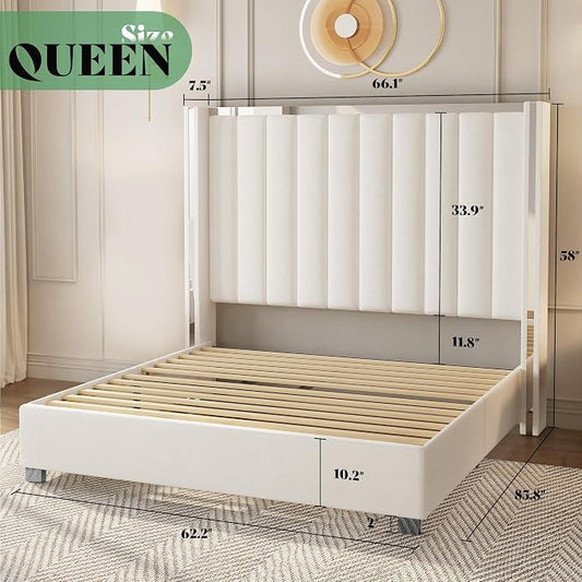 AMERLIFE 3-Piece Modern Bedroom Set Queen – Cream Upholstered Bed Frame with 58" Wingback Headboard and 2 White Nightstands