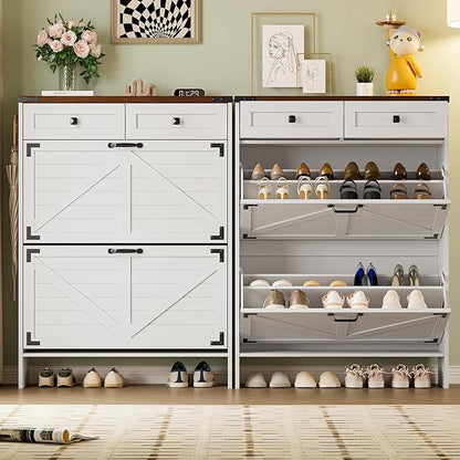BORNOON Shoe Cabinet with Odor Control Deodorizer and Back Panel, Farmhouse Narrow Shoe Storage Cabinet Rack for Entryway with 2 Flip Drawers and 2 Top Drawers, Adjustable Shelves, Side Hooks