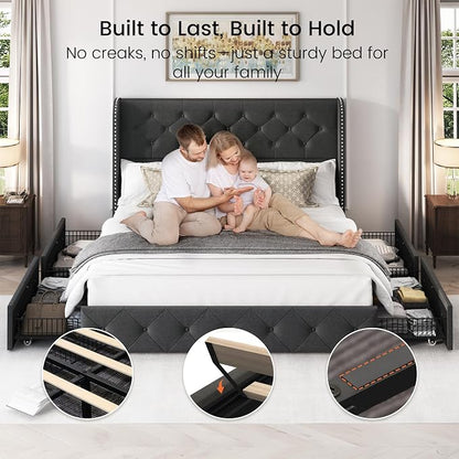 LARMACE Upholstered Queen Size Bed Frame with 4 Storage Drawers and 47.2" Tall Wingback Headboard Tufted Platform Bed Frame Linen Beds with Wooden Slats Support, Easy Assembly, Dark Grey
