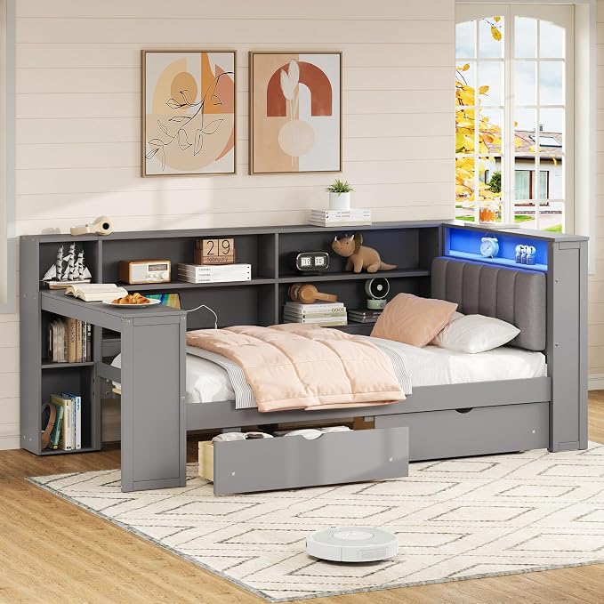 Bellemave Twin Corner Bed with Storage Shelves and Desk, Upholstered Headboard Daybed with Bookcase and Drawers，Daybed with Storage, Grey+ Grey Cushion