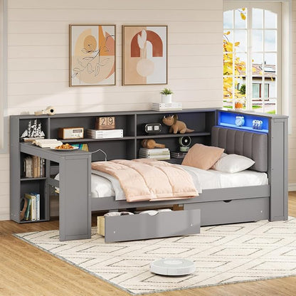 Bellemave Twin Corner Bed with Storage Shelves and Desk, Upholstered Headboard Daybed with Bookcase and Drawers，Daybed with Storage, Grey+ Grey Cushion