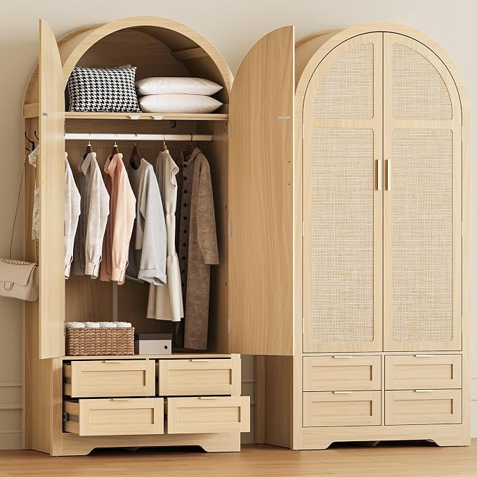 Armoire Wardrobe Closet with 4 Drawers - 2 Wood Bedroom Armoires and Wardrobes with Rattan Doors for Hanging Clothes, Clothing Cabinet Arched Closets for Cloak Room, 2 Wardrobes, Natural