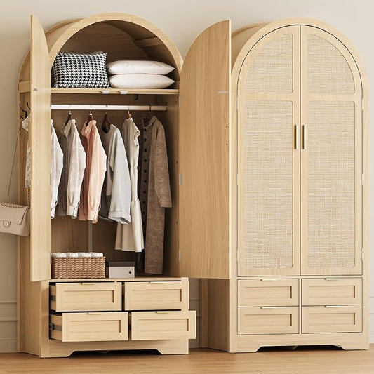 Armoire Wardrobe Closet with 4 Drawers - 2 Wood Bedroom Armoires and Wardrobes with Rattan Doors for Hanging Clothes, Clothing Cabinet Arched Closets for Cloak Room, 2 Wardrobes, Natural