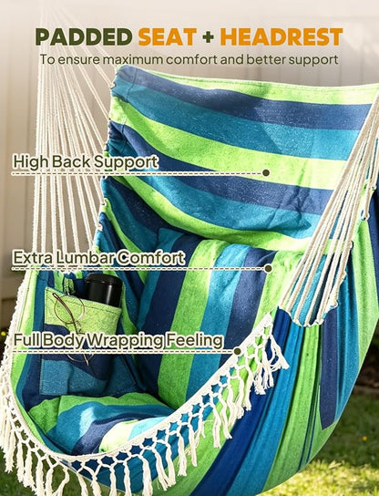 Chihee Hammock Chair Hanging Swing Max 500 Lbs 2 Cushions Included Metal Spreader Bar with Anti-Slip Grooves Portable Hanging Chair Side Pocket Large Macrame Bohemian Chair Indoor Outdoor | Hanging Swing with Anti-Slip Grooves Portable Hanging Chair Si...