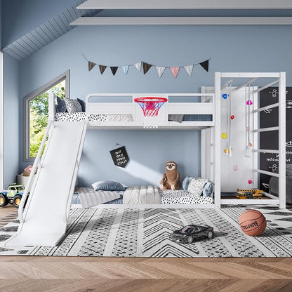 Bellemave Twin Size Bunk Bed with Basketball Hoop, Pull-up Rings and Climbing Wall, Twin Bunk Bed with Slide and Bookcase, Heavy Duty Bunk Beds with Guardrail, White