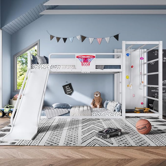Bellemave Twin Size Bunk Bed with Basketball Hoop, Pull-up Rings and Climbing Wall, Twin Bunk Bed with Slide and Bookcase, Heavy Duty Bunk Beds with Guardrail, White
