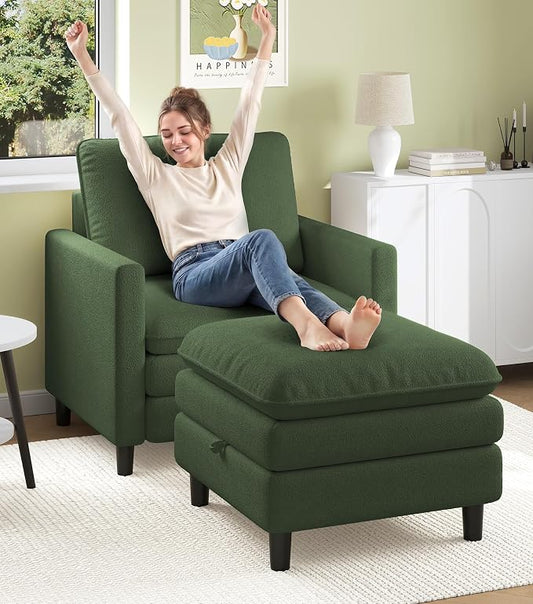 Welzona 3-Layers Cloud Accent Chair with Ottoman, 33" Comfy Reading Chair for Bedroom, Living Room, Tool-Free Assembly with Teddy Fabric Arm Chairs and Ottoman Set, Green, Removable Washable Cover