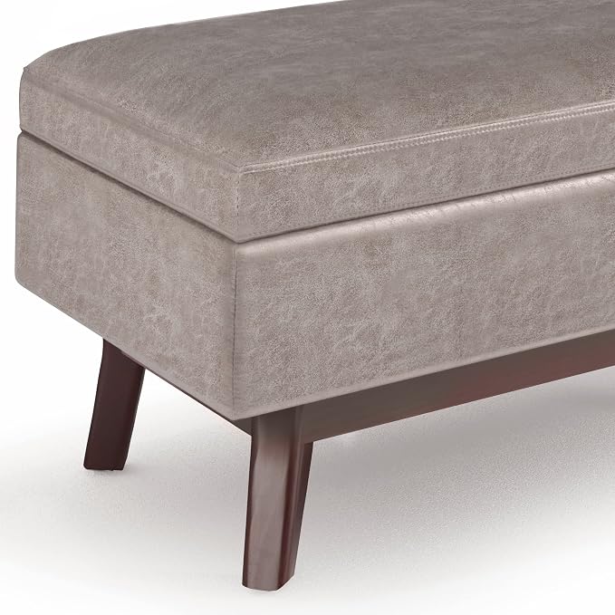 SIMPLIHOME Owen 36 inch Wide Mid Century Modern Small Rectangular Storage Ottoman in Distressed Grey Taupe Vegan Faux Leather, Assembled, For the Living Room, Entryway and Family Room