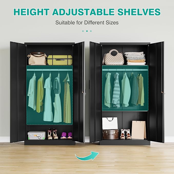 Metal Wardrobe Cabinet with Hanging Rod & Lock,Black Armoire Wardrobe Closet,Metal Clothing Storage Cabinet with Adjustable Shelves and Doors,72" Amroire Storage Cabinets for Home,Living/Laundry Room