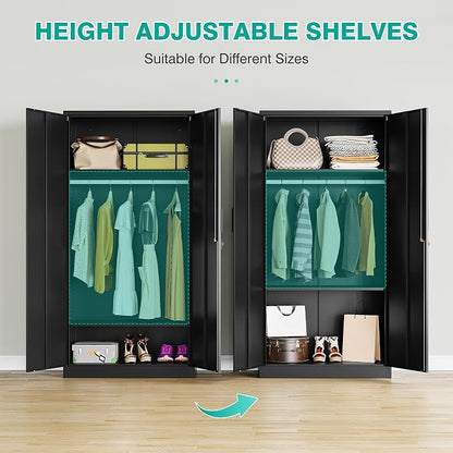 Metal Wardrobe Cabinet with Hanging Rod & Lock,Black Armoire Wardrobe Closet,Metal Clothing Storage Cabinet with Adjustable Shelves and Doors,72" Amroire Storage Cabinets for Home,Living/Laundry Room