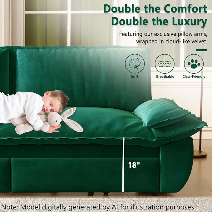 70.1" Sofa Bed Queen Size, Pull Out Couch Bed, 3-in-1 Convertible Sleeper Sofa with Cushion Armrest, Modern Velvet Futon Couch for Living Room, Small Space, Apartment, Bedroom, Green
