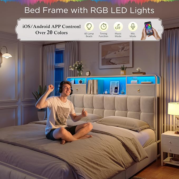 EnHomee Queen Bed Frame with 6 Storage Drawers and 2-Tier Velvet Upholstered Headboard,Modern Bed Frame with LED Lights&Charging Station,No Box Spring Needed,Noise-Free, Easy Assembly,Sturdy,Beige
