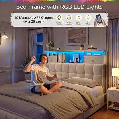 EnHomee Queen Bed Frame with 6 Storage Drawers and 2-Tier Velvet Upholstered Headboard,Modern Bed Frame with LED Lights&Charging Station,No Box Spring Needed,Noise-Free, Easy Assembly,Sturdy,Beige