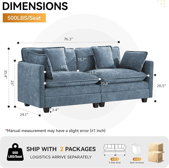 76" Cloud Loveseat Sofa, Modular Sectional Couch with Deep Seats and Double-Layer Thick Cushions, Chenille Upholstered 2-Seat Sofa for Living Room Apartment, Blue