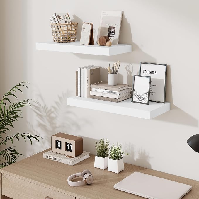 Fun Memories 24 x 10 Floating Shelves Wall-Mounted - Rustic Wood Shelf - 10 Inch Deep Floating Shelves for Wall - Large Storage Shelf for Bathroom - Kitchen & Bedroom - White - Set of 3
