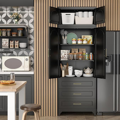 SteeLoong Kitchen Pantry Cabinet，90" Storage Cabinets with Doors and Shelves,Metal Pantry Cabinet with 3 Drawers,Black Kitchen Cupboard for Livingroom,Pantry, Bathroom