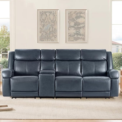 Watson & Whitely Genuine Leather Power Recliner Sofa, 3 Seater Wall Hugger Reclining Sofas with Storage Console, Power Headrest, USB, Electric Recliner Couch Set for Living Room, Navy Blue