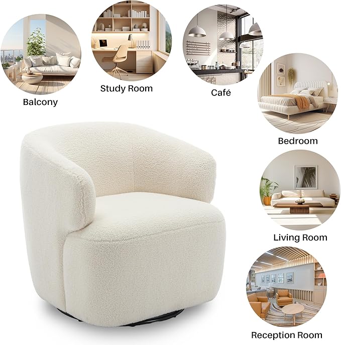 SOFTHION Swivel Accent Chair, Sherpa Teddy Barrel Chair for Living Room, Cozy Round Boucle Arm Chair, Metal Base for Club Nursery Bedroom, Beige Cream White