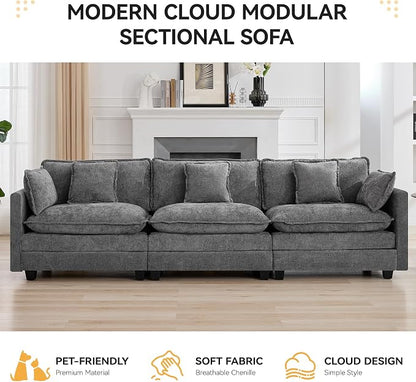 111'' Sectional Cloud Deep Seat Couch, Modern Comfy Chenille Modular Sectional Sofa for Living Room Set, Upholstered Modular 3-Seats Sofa Couch, Grey