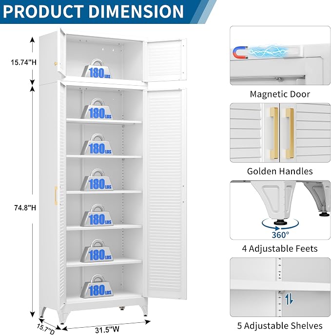 90" Metal Storage Cabinet with Louvered Doors, Heavy Duty Steel Wardrobe, Tall Kitchen Pantry Cabinet with Adjustable Shelves, 2 Packages, White