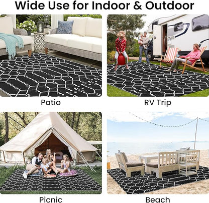 Smiry Outdoor Rug 5x8 ft, Waterproof Reversible Plastic Straw Rugs, Boho Outdoor Area Rug, Outside Floor Mat for Patio, Backyard, Deck, Picnic, Beach, Camping, Black