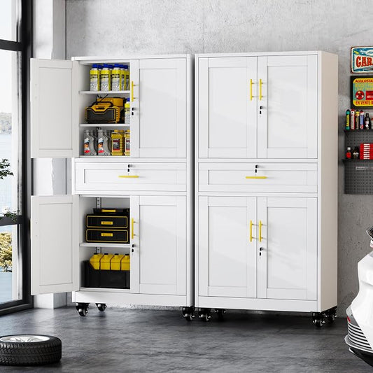 GAIOUS Metal Garage Storage Cabinet with Wheels and Drawer, Steel File Cabinet for Home Office, 71'' Tall Tool Cabinet with 4 Locking Doors and 3 Adjustable Shelves, Rolling Cabinet for Garage - White