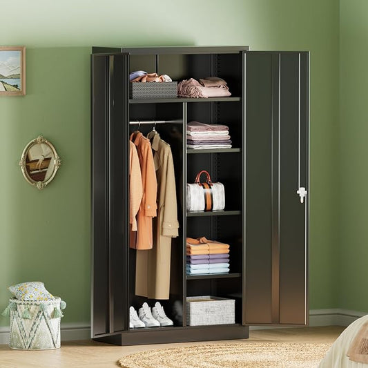 INTERGREAT Metal Wardrobe Closet, 72" Black Locking Storage Wardrobe Cabinet with Locking Doors and Adjustable Shelves, 18" D x 36" W Tall Steel Clothes Storage for Office, Home, School, Gym