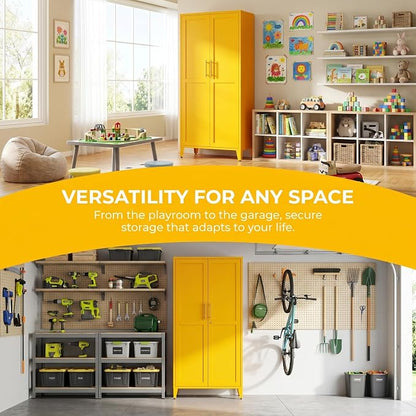 61" Tall Farmhouse Metal Storage Cabinet, Kitchen Pantry Storage Cabinets with 2 Barn Door and 3 Adjustable Shelves, for Home, Office, Kitchen, Laundry Room, Kids Room, Entryway, Yellow