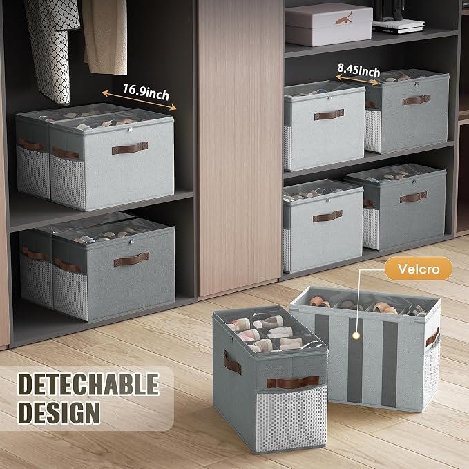Budding Joy 2 Pack Shoe Organizer for Closet, Clear Foldable Shoe Storage Containers Adjustable Dividers Fits 16 Pairs,Shoe Storage Bins Baskets Boxes with Reinforced Handles Light Grey Greenish Grey | Farbic shoe storage organizer box bin with clear c...