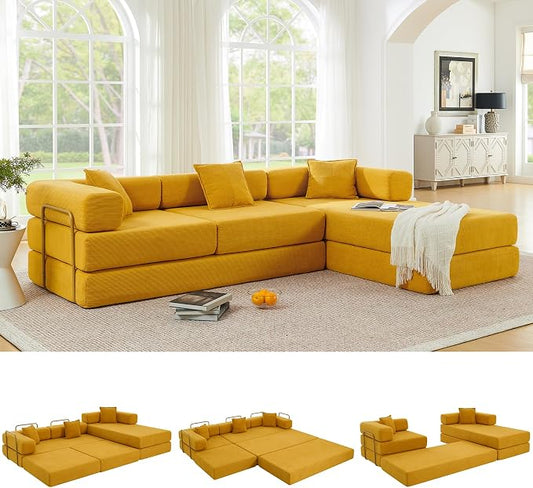 ivoros 108" Oversized Convertible Sleeper Sofa Bed, Corduroy L Shape Sectional Couch, Folding Sofa Bed with Fixed-Shape Frame, Modern Cloud Floor Mattress Couch, Modular Sofa for Living Room, Yellow