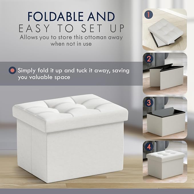 Ornavo Home Small Storage Ottoman Foldable Collapsible Rectangle Linen Ottoman Foot Rest Stool Seat, for Living Room, Bedroom, Home Office, Dorm - 12 x 16 x 12, White