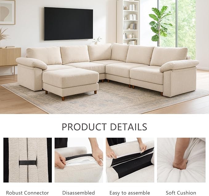 Oversized Modular Cloud Couch with Removable Washable Cover, U-Shaped Sectional for Large Living Room, Plush Chenille & Deep Seat Beige