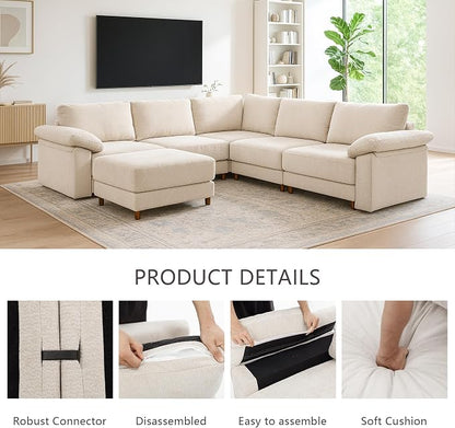 Oversized Modular Cloud Couch with Removable Washable Cover, U-Shaped Sectional for Large Living Room, Plush Chenille & Deep Seat Beige