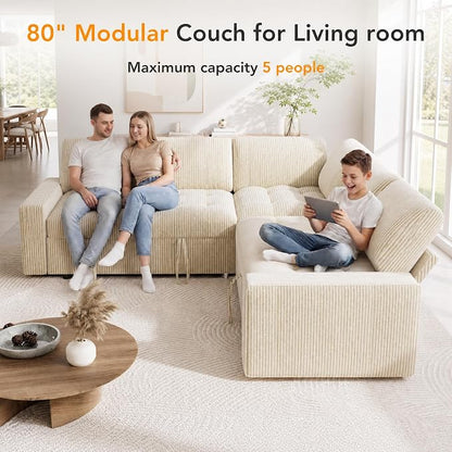 Sunny Heart Modular Sectional Sleeper Sofa with Pull Out Bed, Corduroy L Shaped Sectional Sofa with USB Ports/Adjustable Backrest/Storage Seats, Tool-Free Assembly, Couches for Living Room Beige