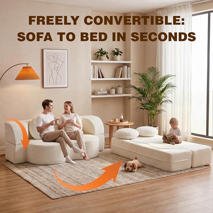 Vongrasig 77” Convertible Sofa Bed, Folding Boneless Couch, Floor Sofa 2-in-1 Curved Couch for Small Living Room, Apartment, Guest Room, White