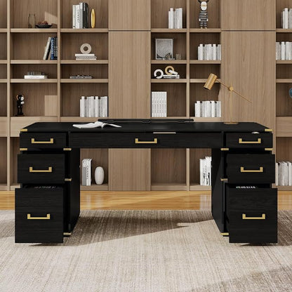 RuiSiSi 70” Extra-Large Classic and Traditional Executive Desk with Metal Edge Trim, Writing Desk with 2 File Drawers, USB Ports and Outlets, Black+Gold