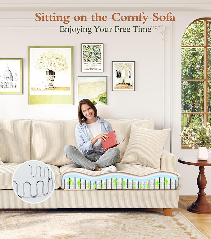 Kidirect 87in L Shaped Couch, Modular Sofa No Tool Assembly, Comfy Sectional Couches for Living Room 21in Deeper Seats, Corduroy Sofas for Living Room with 2 Pillows, Loveseat Sofa Set, Beige Couch