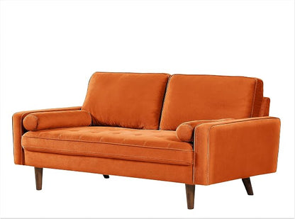 Container Furniture Direct Velvet Tufted Sofas for Living Room, Classic Mid-Century Style with Modern Silhouette, Button Tufting and Wood Legs, Includes 2 Bolster Pillows, Loveseat, Orange
