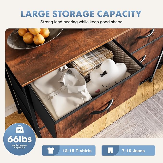 DUMOS 6 Drawer Dresser for Bedroom, Wide Storage Chest of Drawers Cabinet | Fabric Storage Organizer with Wooden Top, TV Stand for 43-50 Inch TV in Closet, Living Room, Rustic Brown