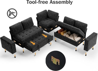 Vipbear 5 Seat L Shaped Modular Sectional Sleeper Sofa Bed with Pull Out Bed/Reclining Backrest/USB Ports/Storage Seat, Sectional Sleeper Couch, Tool-Free Assembly, Chenille Black