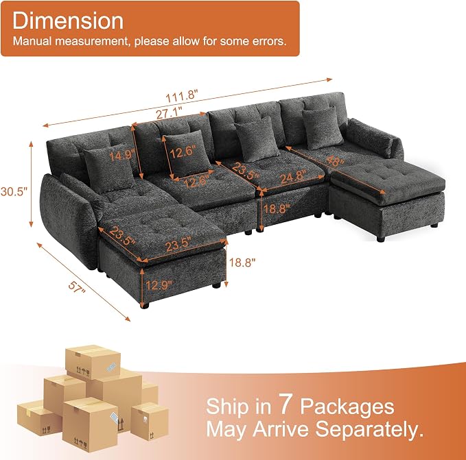 112" U Shaped Modular Sectional Cloud Sofa with 2 Ottomans, Oversized Deep Seat Tufted Chenille 6-Seater Couch with Curved Arms, Upholstered Sofas for Living Room, Dark Grey