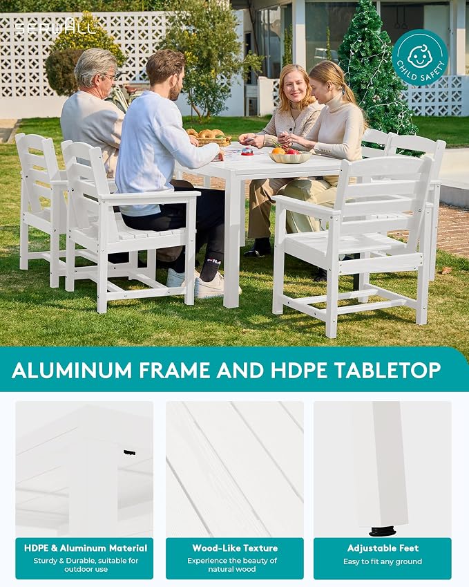 SERWALL 60" - 83" Expandable Outdoor Dining Table and 6 HDPE Chairs, White | Outdoor Dining Set for 6, All Weather Aluminum and HDPE Outdoor Furniture Set, Extendable Patio Dining Table