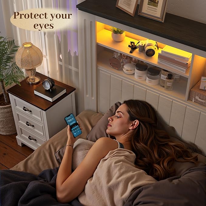 EnHomee King Bed Frame with Headboard and 4 Storage Drawers, LED Lights & Charging Ports,No Box Spring Needed for Big House,Noise-Free,Wooden, White