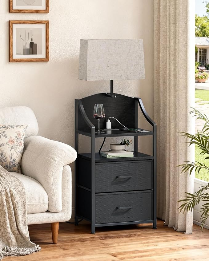 Evermagin 45" Tall Night Stand with Charging Station & Light, Nighstand with 2 Fabric Drawers & Storage Shelf, Bedside Table End Table with USB Ports and Outlets for Bedroom, Dorm, Black