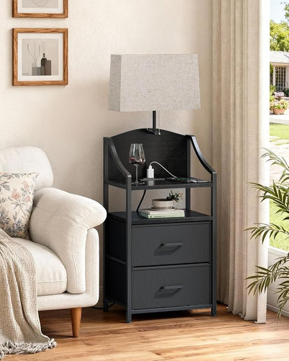 Evermagin 45" Tall Night Stand with Charging Station & Light, Nighstand with 2 Fabric Drawers & Storage Shelf, Bedside Table End Table with USB Ports and Outlets for Bedroom, Dorm, Black