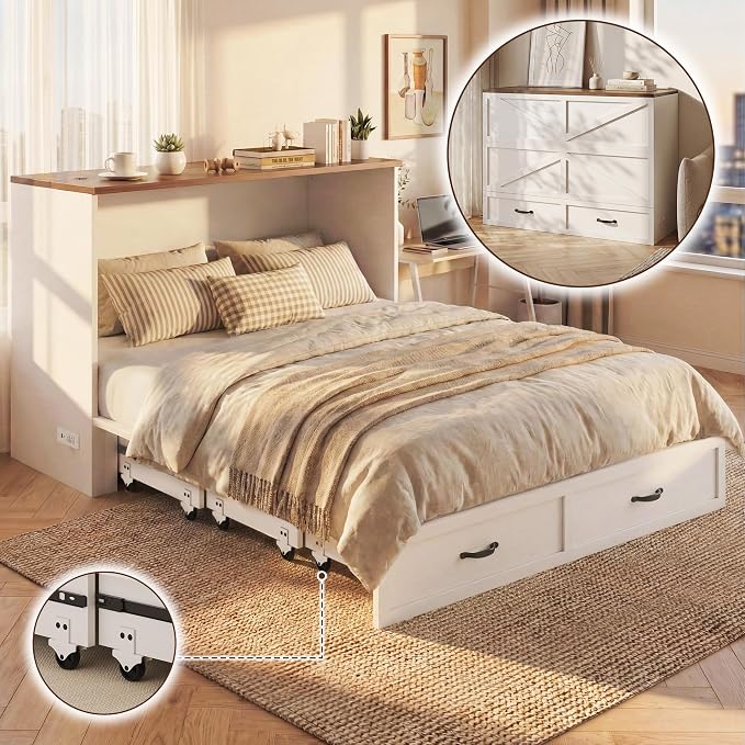 HISOFT Queen Murphy Bed Frame with Charging Station, Freestanding Cabinet Murphy Bed with Fold-Down Panel & Reinforced Support, Space-Saving Design for Small Living Spaces, Shipped in 2 Boxes, White