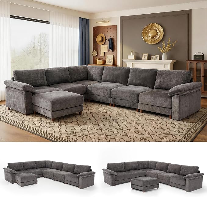 Oversized Modular Cloud Couch with Removable Washable Cover, L/V-Shaped Sectional for Large Living Room, Plush Chenille & Deep Seat（Grey）