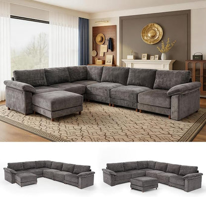 Oversized Modular Cloud Couch with Removable Washable Cover, L/V-Shaped Sectional for Large Living Room, Plush Chenille & Deep Seat（Grey）