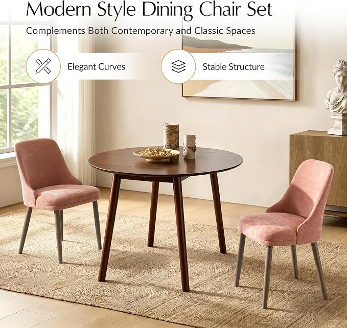 Upholstered Dining Chairs Set of 6, Fabric Dining Room Chairs with Curved Backrest, Solid Wood Legs, Modern Kitchen Chairs for Dining Room Living Room, Coral